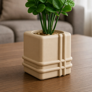 Square Planter – 3D Baskı Izgara Desenli Küp Saksı-Bej