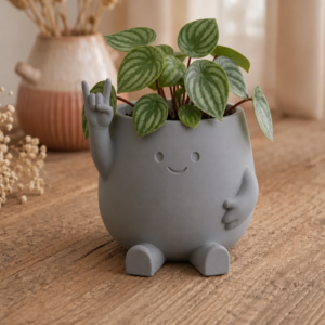 Smiley Face Planter – 3D Baskı Gülümseyen Karakterli Saksı-Gri