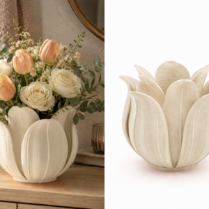 Lotus Yapraklı Vazo – 3D Baskı Dekoratif Çiçeklik-Bej
