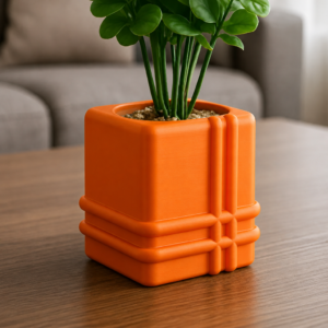 Square Planter – 3D Baskı Izgara Desenli Küp Saksı-Turuncu