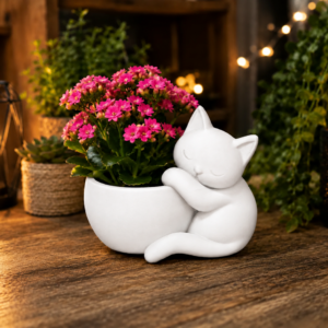 Sarılan Kedi Saksı – 3D Baskı Sevimli Dekoratif Saksı - Beyaz