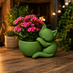 Sarılan Kedi Saksı – 3D Baskı Sevimli Dekoratif Saksı - Yeşil