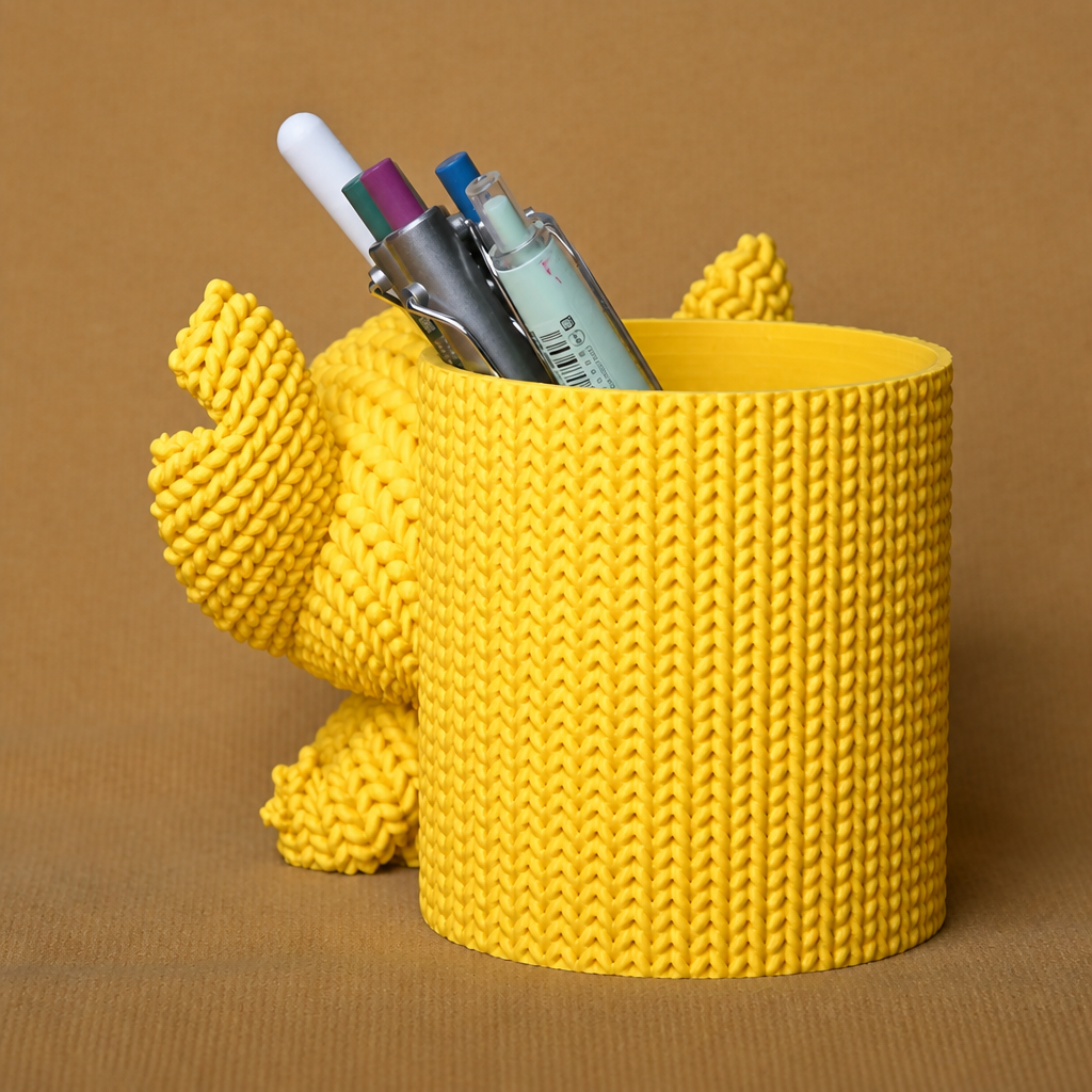 Knitted Kalemlik – 3D Baskı Sevimli Karakterli Masaüstü Kalem Organizeri-Sarı - Görsel 2