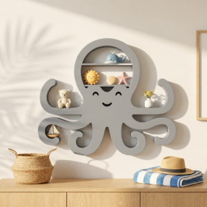 Ahtapot Duvar Rafı – 3D Baskı Dekoratif Mini Raf-Gri