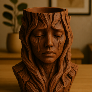 Ağlayan Kadın Büst Saksı – 3D Baskı Sanatsal Dekoratif Saksı - Kahverengi