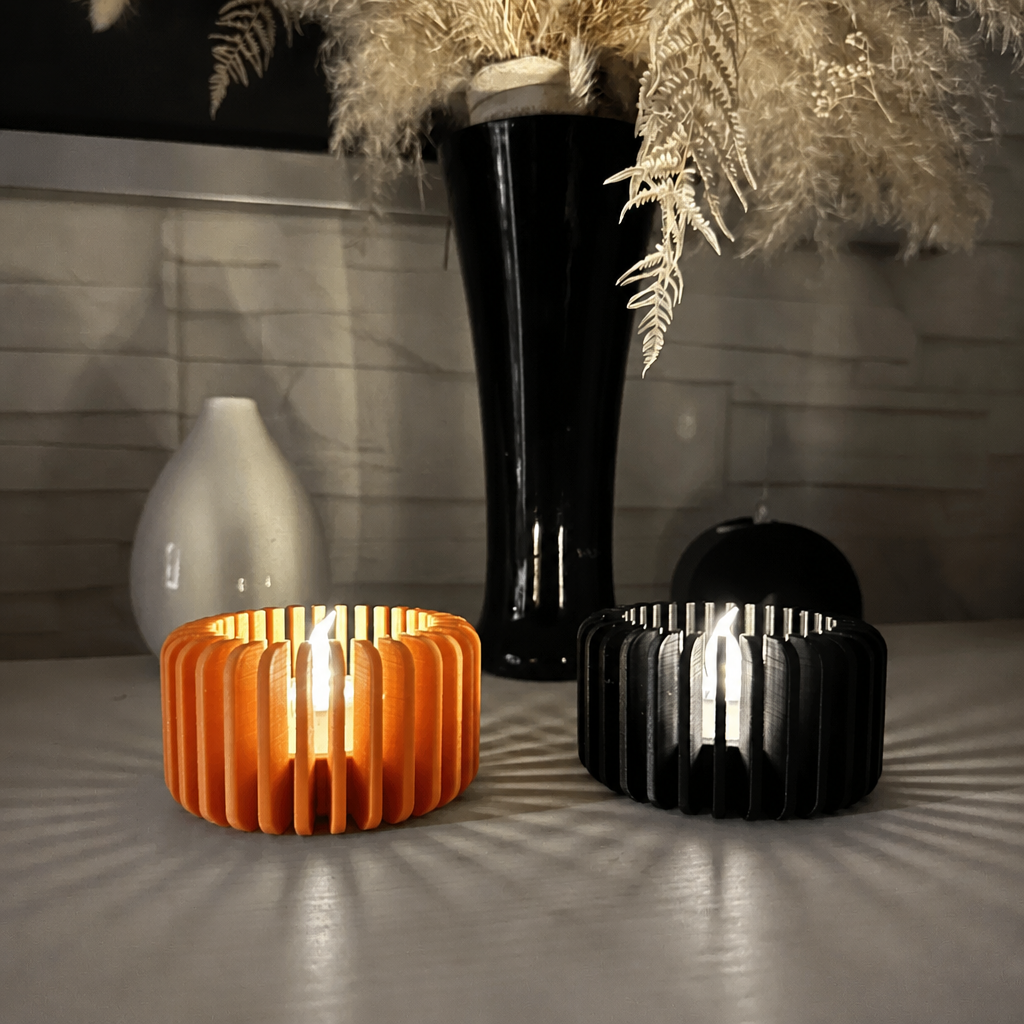 Modern Çizgili Mumluk – 3D Baskı Tealight Mumluk (1 Adet)-Turuncu - Görsel 2