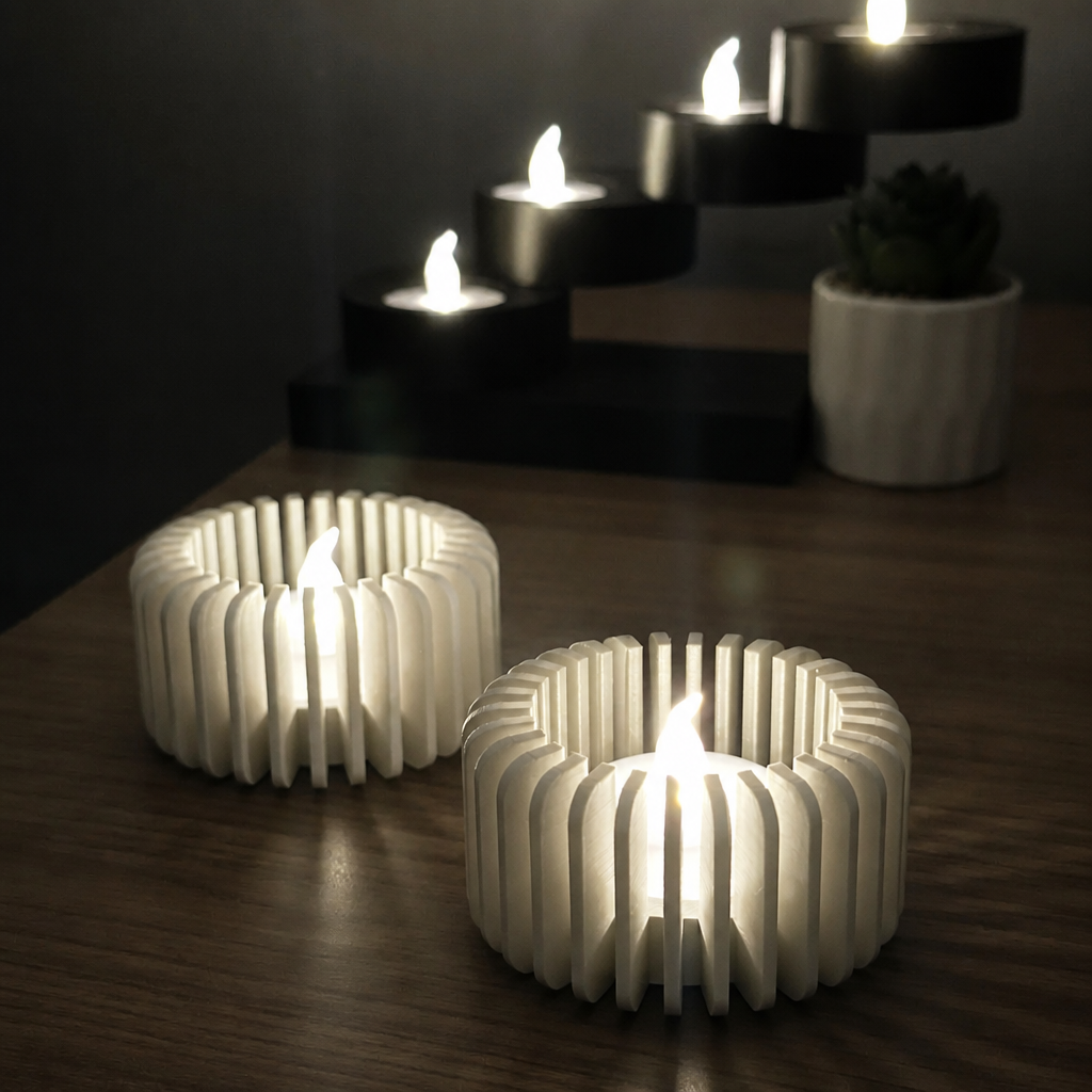 Modern Çizgili Mumluk – 3D Baskı Tealight Mumluk (1 Adet)-Beyaz - Görsel 3