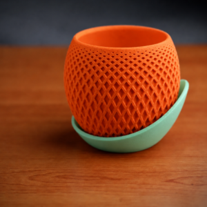 Küre Saksı – 3D Baskı Kafes Dokulu İki Parçalı Dekoratif Saksı - Turuncu-Mint