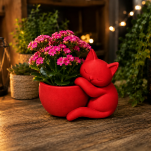 Sarılan Kedi Saksı – 3D Baskı Sevimli Dekoratif Saksı - Kırmızı