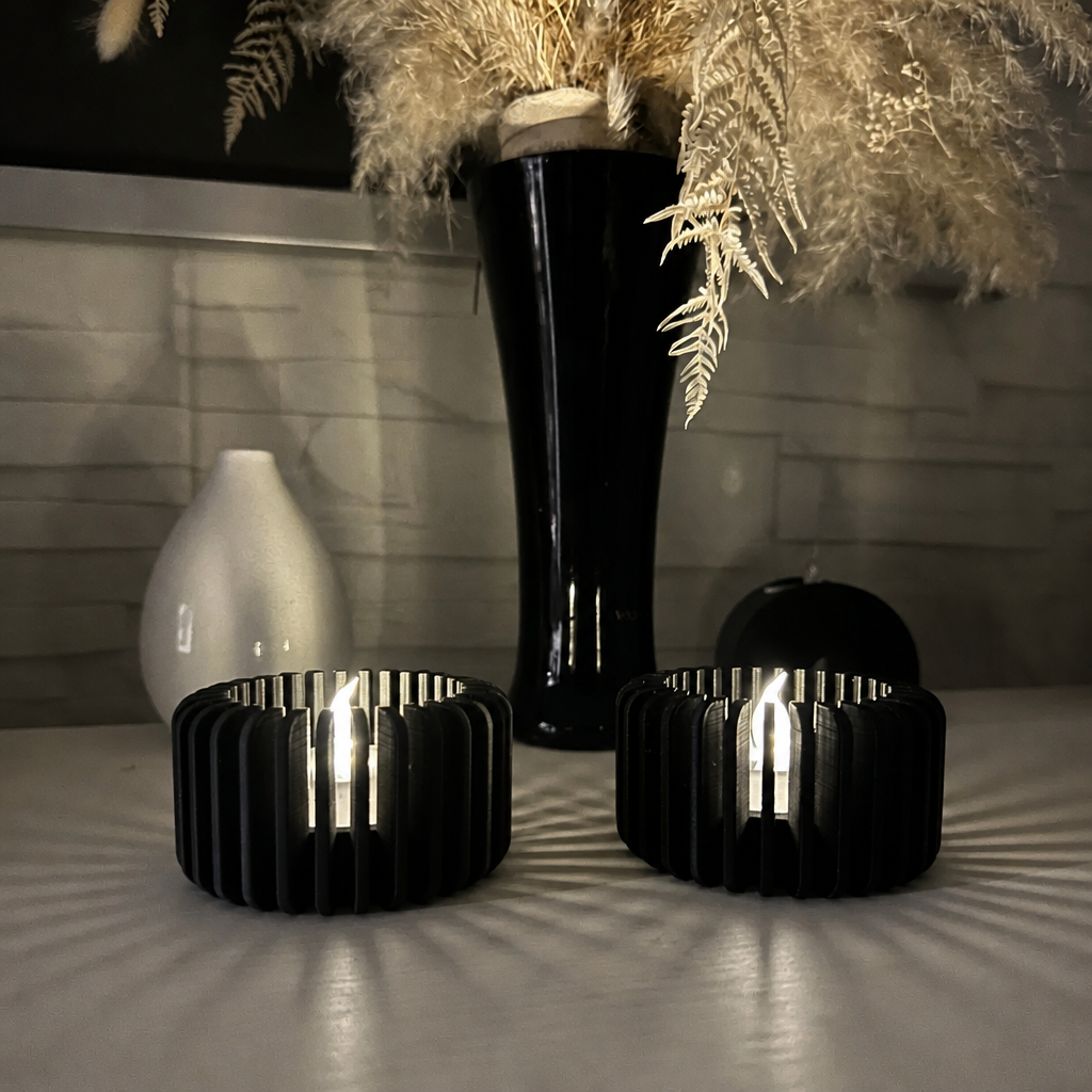 Modern Çizgili Mumluk – 3D Baskı Tealight Mumluk (1 Adet)-Siyah - Görsel 2