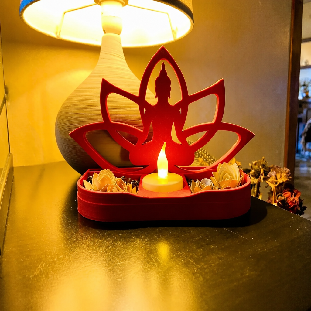 Lotus Buda Mumluk – 3D Baskı Dekoratif Tealight Mumluk-Kırmızı