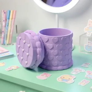 Kabartma Kalp Desenli Kapaklı Kalemlik – 3D Baskı Masaüstü Organizer - Mor