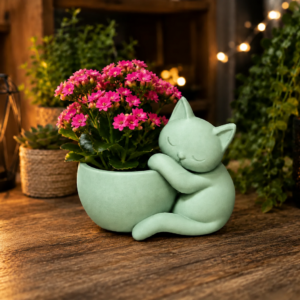 Sarılan Kedi Saksı – 3D Baskı Sevimli Dekoratif Saksı - Mint