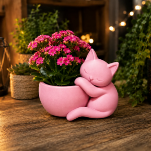 Sarılan Kedi Saksı – 3D Baskı Sevimli Dekoratif Saksı - Pembe