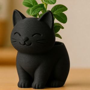 Sevimli Kedi Saksı – 3D Baskı Figürlü Sukulent Saksısı-Siyah