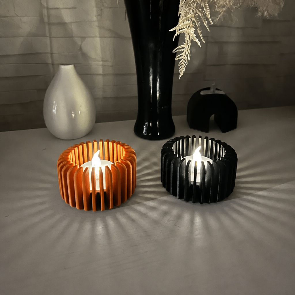 Modern Çizgili Mumluk – 3D Baskı Tealight Mumluk (1 Adet)-Turuncu