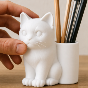 Kedi Figürlü Kalemlik – 3D Baskı Masaüstü Organizer - Beyaz