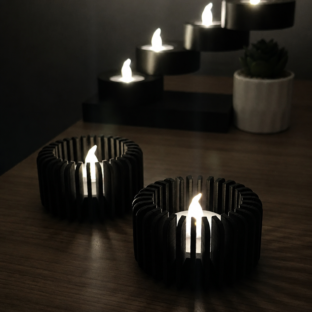 Modern Çizgili Mumluk – 3D Baskı Tealight Mumluk (1 Adet)-Siyah - Görsel 3