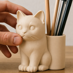 Kedi Figürlü Kalemlik – 3D Baskı Masaüstü Organizer - Bej