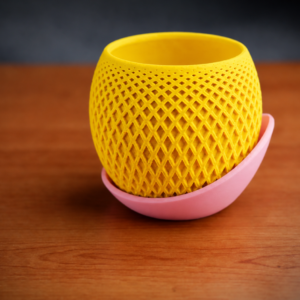 Küre Saksı – 3D Baskı Kafes Dokulu İki Parçalı Dekoratif Saksı - Sarı-Pembe