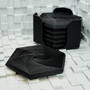 Super Fidget Coaster Seti – 3D Baskı Altıgen Desenli Bardak Altlığı ve Tutucu-Siyah