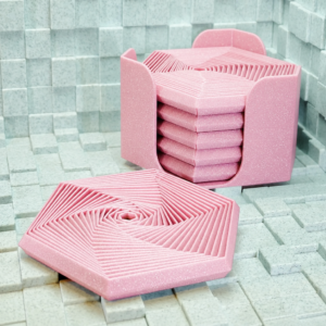 Super Fidget Coaster Seti – 3D Baskı Altıgen Desenli Bardak Altlığı ve Tutucu-Pembe