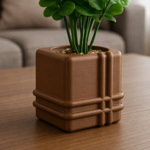 Square Planter – 3D Baskı Izgara Desenli Küp Saksı-Kahverengi