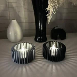 Modern Çizgili Mumluk – 3D Baskı Tealight Mumluk (1 Adet)-Gri