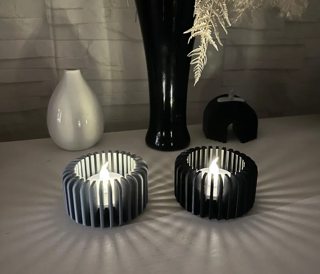 Modern Çizgili Mumluk – 3D Baskı Tealight Mumluk (1 Adet)-Gri