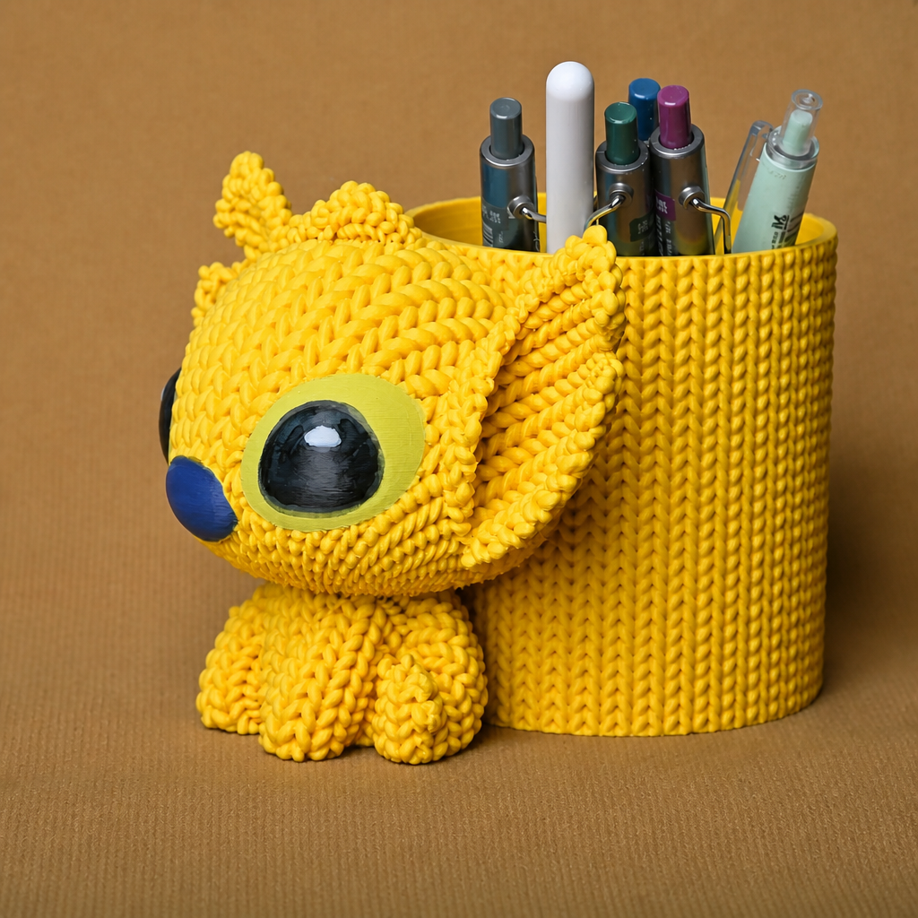 Knitted Kalemlik – 3D Baskı Sevimli Karakterli Masaüstü Kalem Organizeri-Sarı - Görsel 3