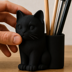 Kedi Figürlü Kalemlik – 3D Baskı Masaüstü Organizer - Siyah