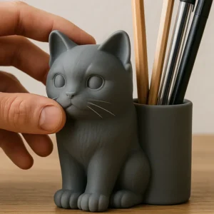 Kedi Figürlü Kalemlik – 3D Baskı Masaüstü Organizer - Gri