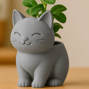 Sevimli Kedi Saksı – 3D Baskı Figürlü Sukulent Saksısı-Gri
