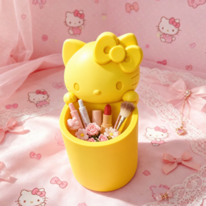 Fiyonklu Sevimli Kedi Figürlü Kalemlik – 3D Baskı Masaüstü Organizer - Sarı