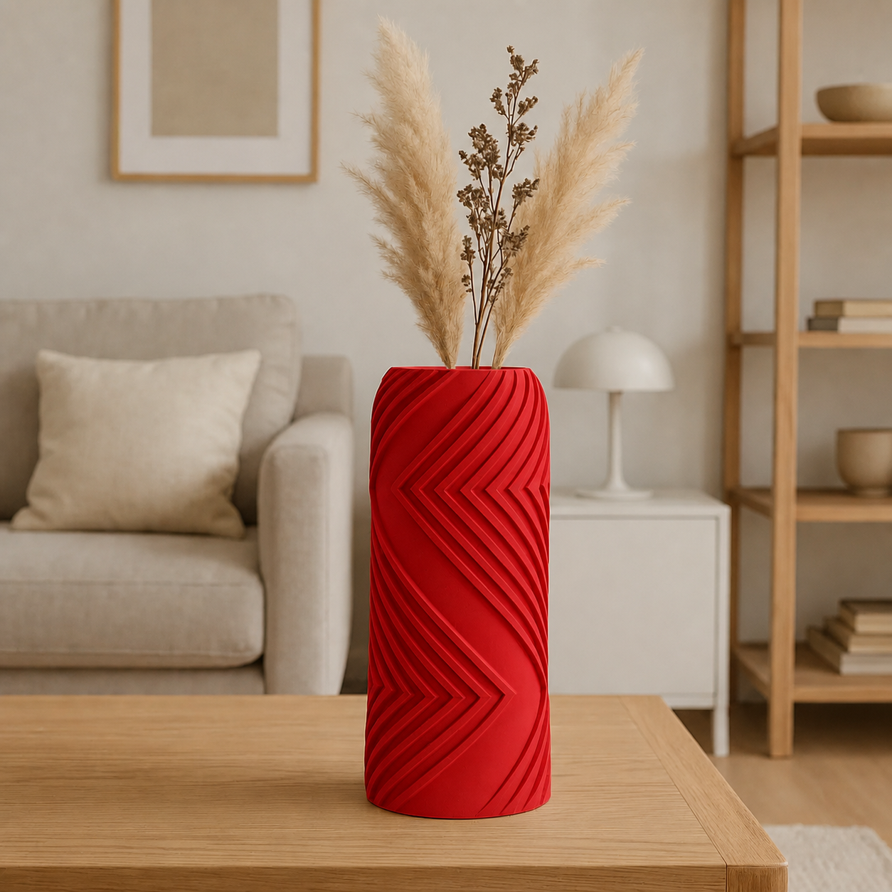 Vector Vazo – 3D Baskı Geometrik Çizgili Dekoratif Vazo-Kırmızı