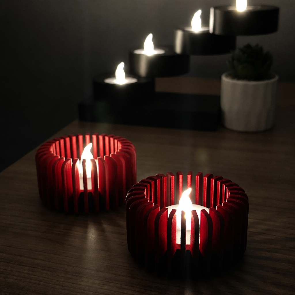 Modern Çizgili Mumluk – 3D Baskı Tealight Mumluk (1 Adet)-Kırmızı - Görsel 3