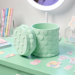 Kabartma Kalp Desenli Kapaklı Kalemlik – 3D Baskı Masaüstü Organizer - Mint