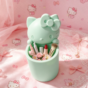 Fiyonklu Sevimli Kedi Figürlü Kalemlik – 3D Baskı Masaüstü Organizer - Mint