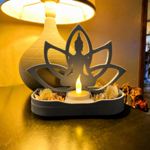 Lotus Buda Mumluk – 3D Baskı Dekoratif Tealight Mumluk-Gri
