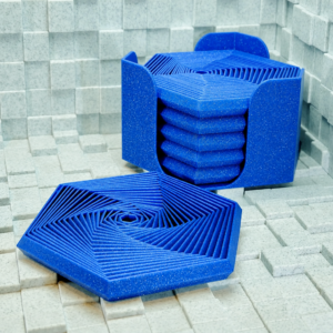Super Fidget Coaster Seti – 3D Baskı Altıgen Desenli Bardak Altlığı ve Tutucu-Mavi