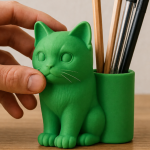 Kedi Figürlü Kalemlik – 3D Baskı Masaüstü Organizer - Yeşil
