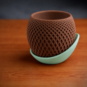 Küre Saksı – 3D Baskı Kafes Dokulu İki Parçalı Dekoratif Saksı - Kahverengi-Mint