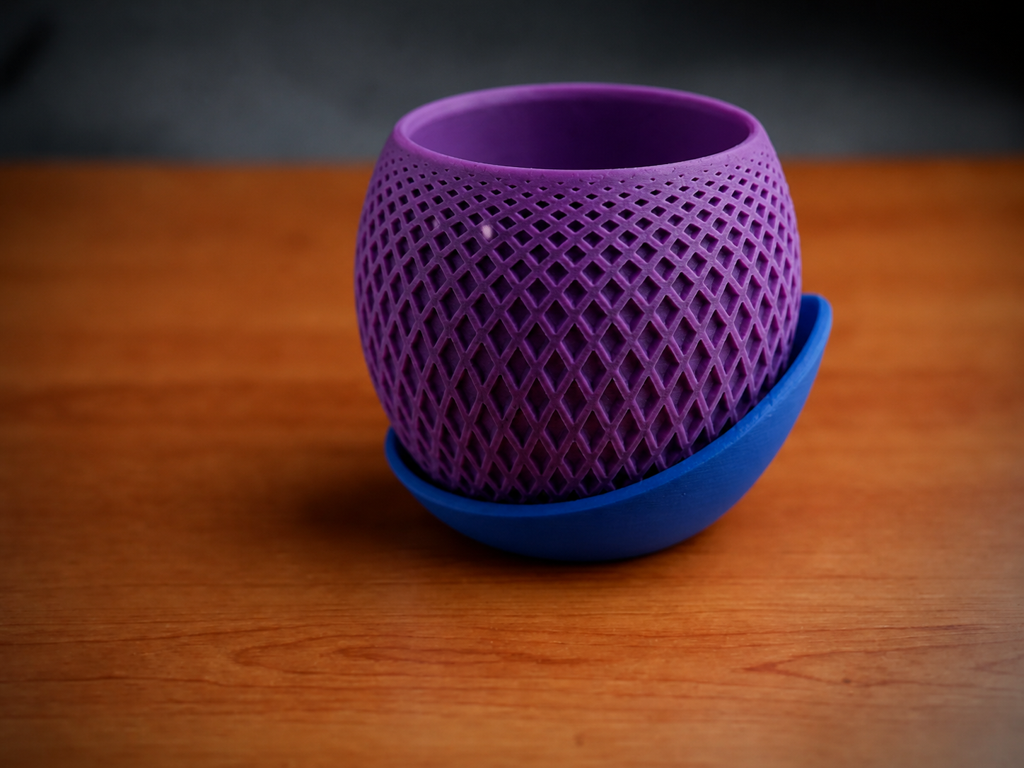 Küre Saksı – 3D Baskı Kafes Dokulu İki Parçalı Dekoratif Saksı - Mor-Mavi