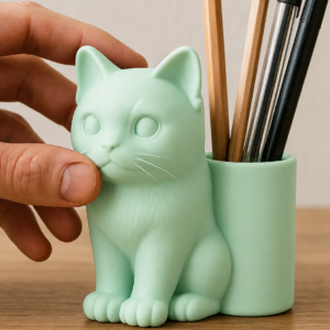 Kedi Figürlü Kalemlik – 3D Baskı Masaüstü Organizer - Mint