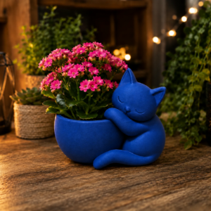 Sarılan Kedi Saksı – 3D Baskı Sevimli Dekoratif Saksı - Mavi
