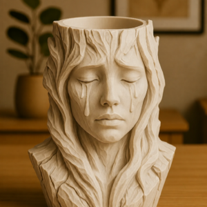 Ağlayan Kadın Büst Saksı – 3D Baskı Sanatsal Dekoratif Saksı - Bej