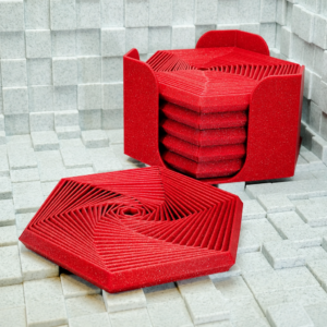 Super Fidget Coaster Seti – 3D Baskı Altıgen Desenli Bardak Altlığı ve Tutucu-Kırmızı