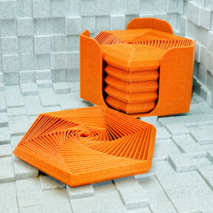 Super Fidget Coaster Seti – 3D Baskı Altıgen Desenli Bardak Altlığı ve Tutucu-Turuncu