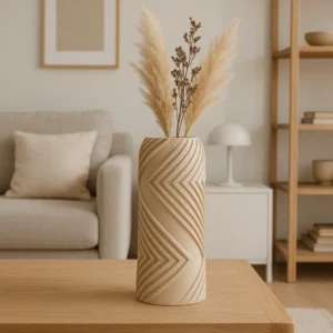 Vector Vazo – 3D Baskı Geometrik Çizgili Dekoratif Vazo-Bej