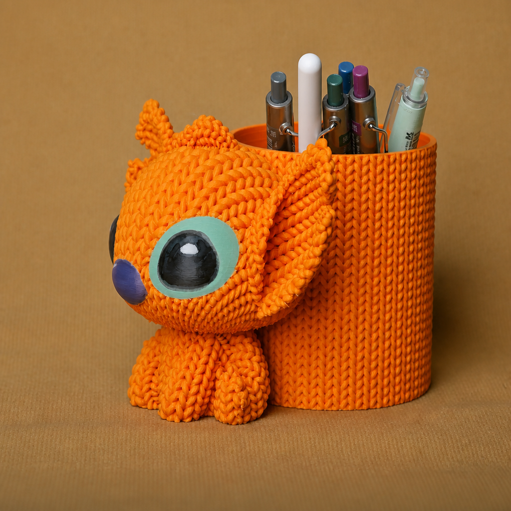 Knitted Kalemlik – 3D Baskı Sevimli Karakterli Masaüstü Kalem Organizeri-Turuncu - Görsel 3